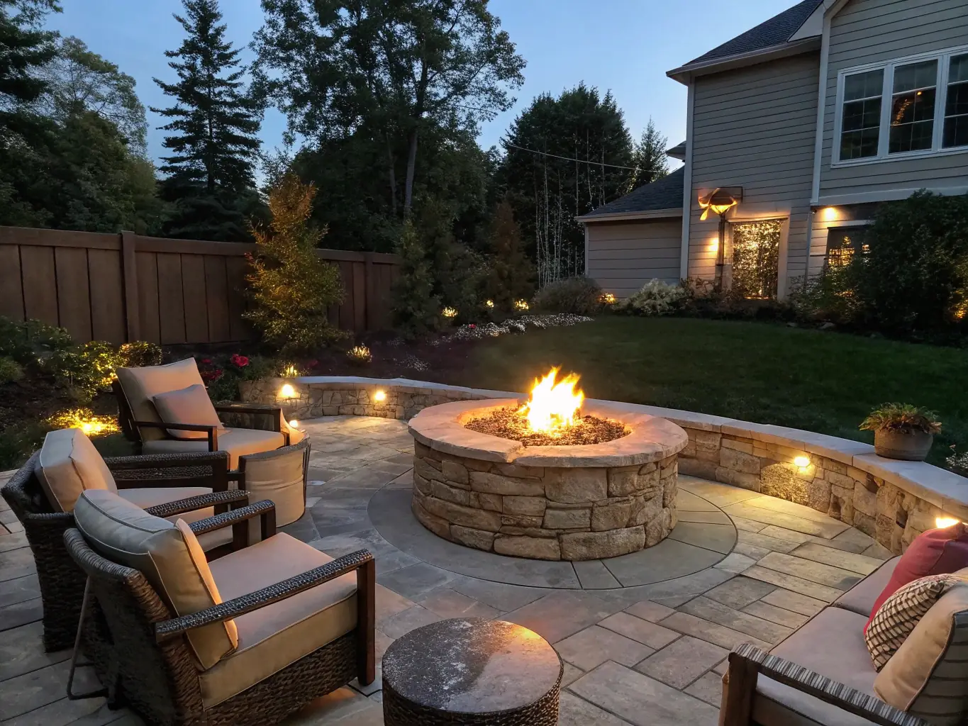 A beautifully designed stone patio with outdoor seating and a fire pit, illustrating the hardscaping capabilities of Pinewood 383 LLC.