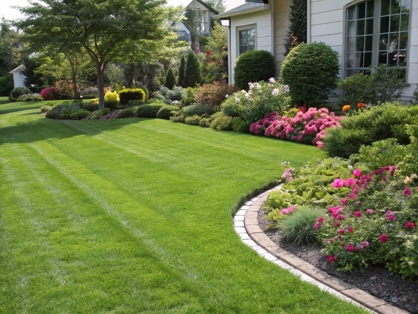 A perfectly manicured green lawn with vibrant flower beds in a residential garden, showcasing the lawn care and garden design services of Pinewood 383 LLC.