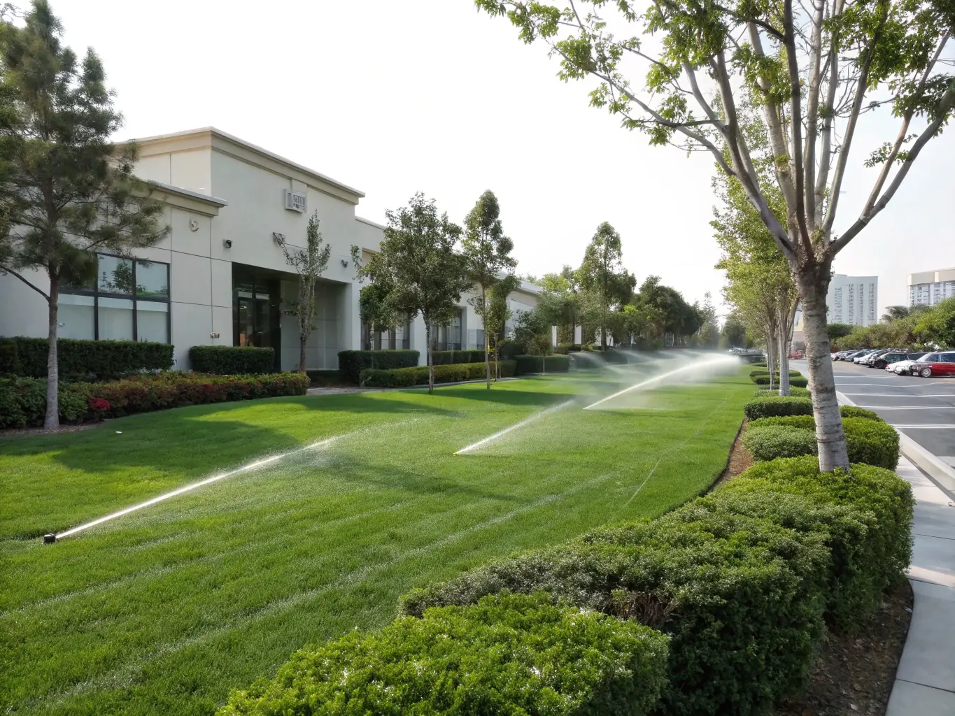 A perfectly manicured green lawn with a sprinkler system in action, showcasing lawn care services.