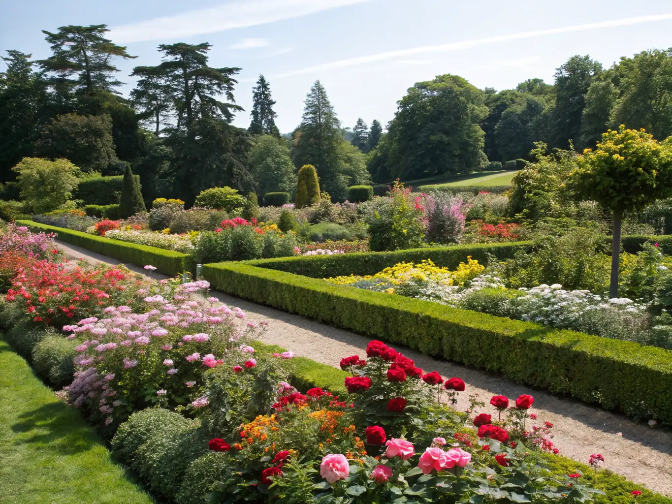 A vibrant garden with a variety of colorful flowers, shrubs, and trees, showcasing garden design services.