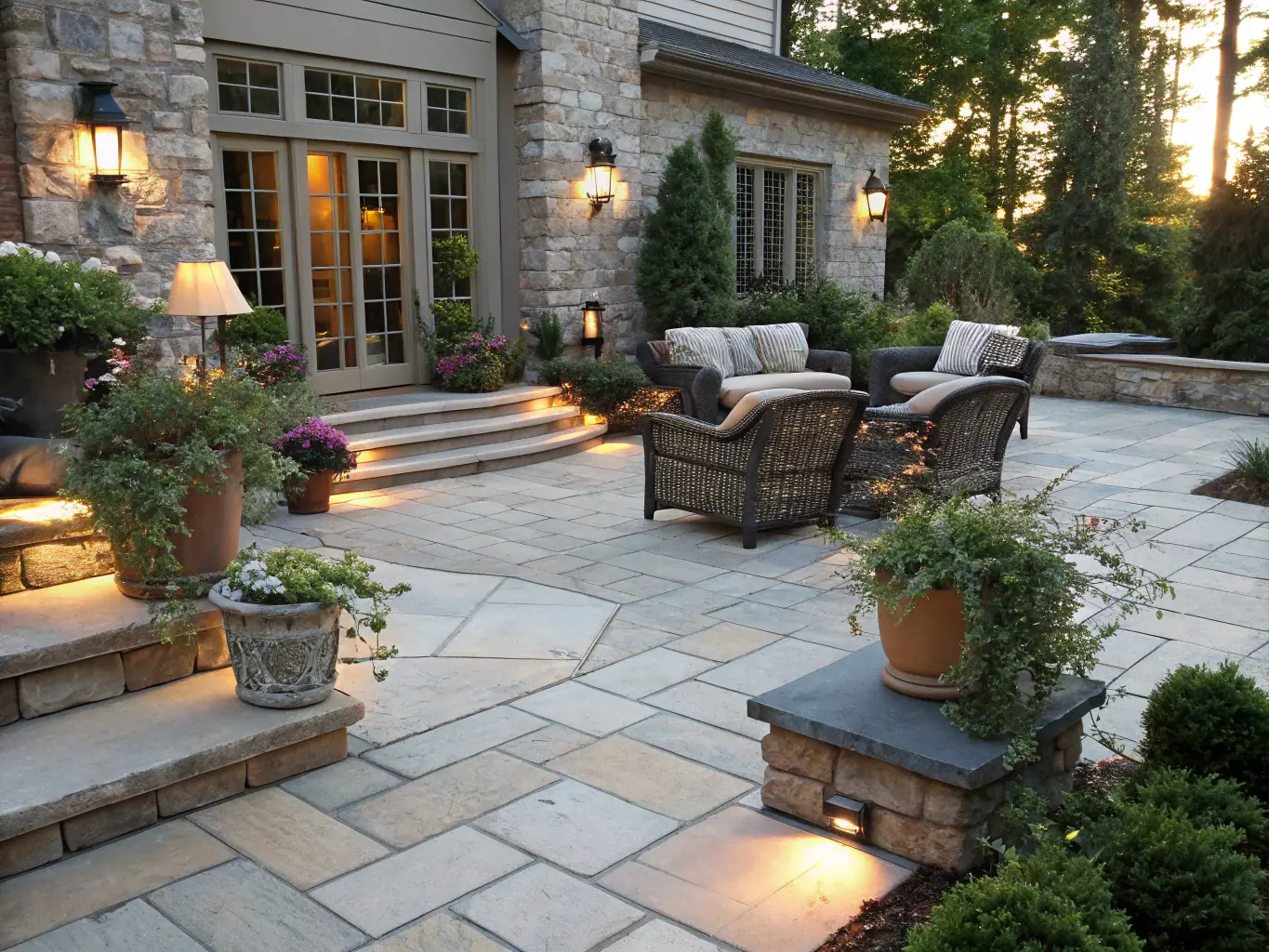 A beautifully designed patio with stone pavers, an outdoor fireplace, and comfortable seating, illustrating hardscaping services.