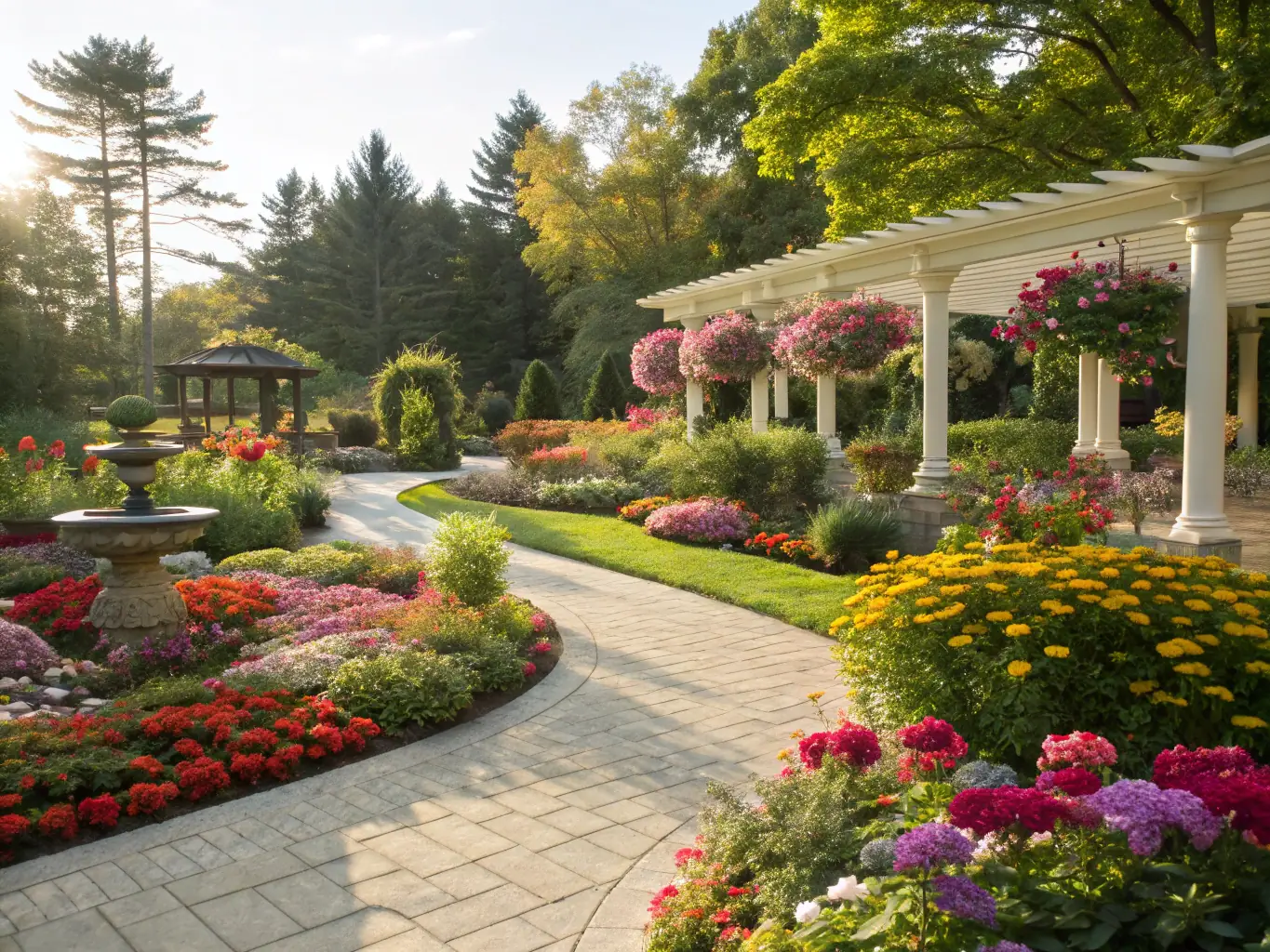 A vibrant and colorful garden with a variety of plants and flowers, demonstrating the garden design expertise of Pinewood 383 LLC.